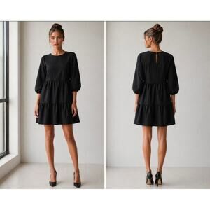 #177 MSRP $30 NWT H&M BLACK PUFF SLEEVE TIERED DRESS ♡SIZE 14Y+ (WOMEN 0-2)♡